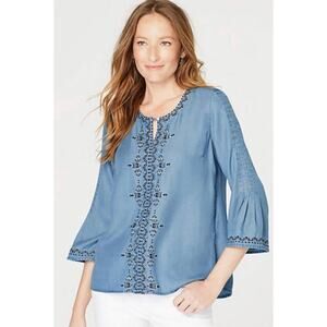 J.Jill Top Tunic Lightweight Denim 2XL Embroidered 3/4 Sleeve Beachy Resort